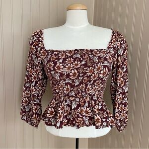 American Eagle Floral Print Smocked Babydoll Crop Blouse Women’s Small